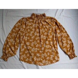 Pleione Smocked Neck Long Sleeve Mustard Floral Top Cottagecore Women's M